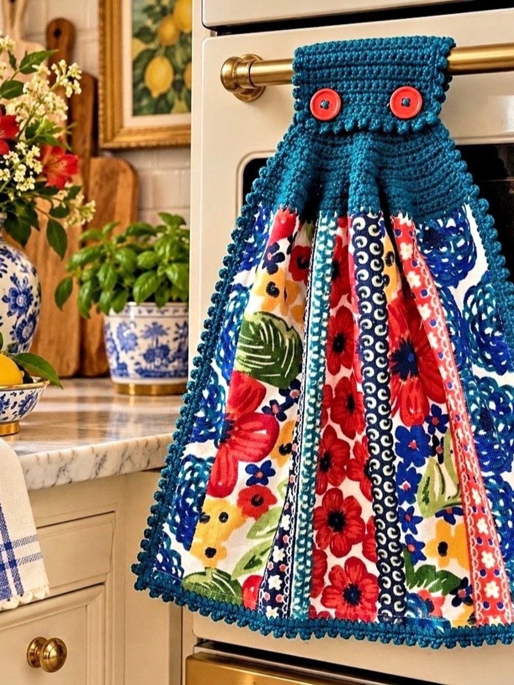 Artisan Handmade Crochet Hanging Kitchen Towel Floral Teal Coral
